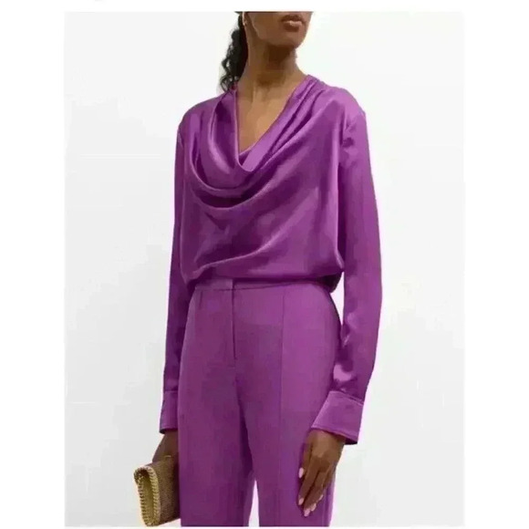 MILLY Nancy Asymmetrical Top Satin Cowl Neck Purple Blouse Top Size Small - Picture 2 of 13